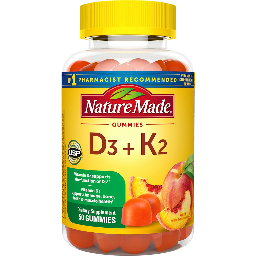 Nature Made Vitamin D3 + K2 Gummies, Peach, 50 Gummies
