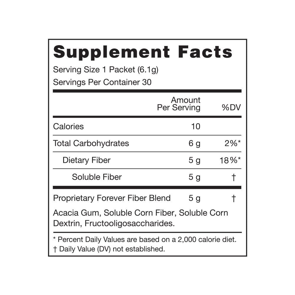 Forever Fiber These packets feature four types of fiber – including fructooligosaccharides, which is also a prebiotic 30packets