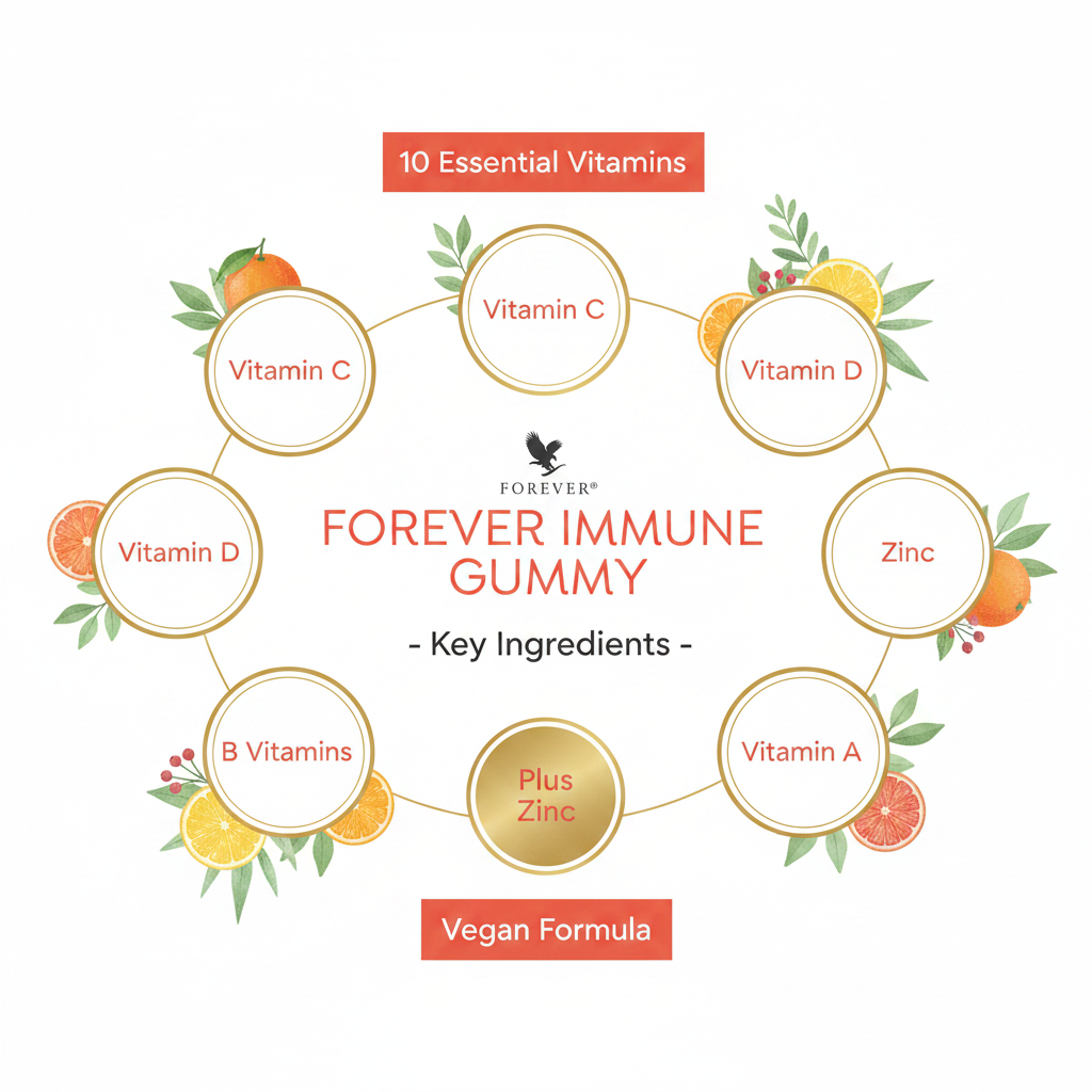 Forever Immune Gummy supplements blend of 10 vitamins and zinc with a naturally sweet tropical fruit flavor.