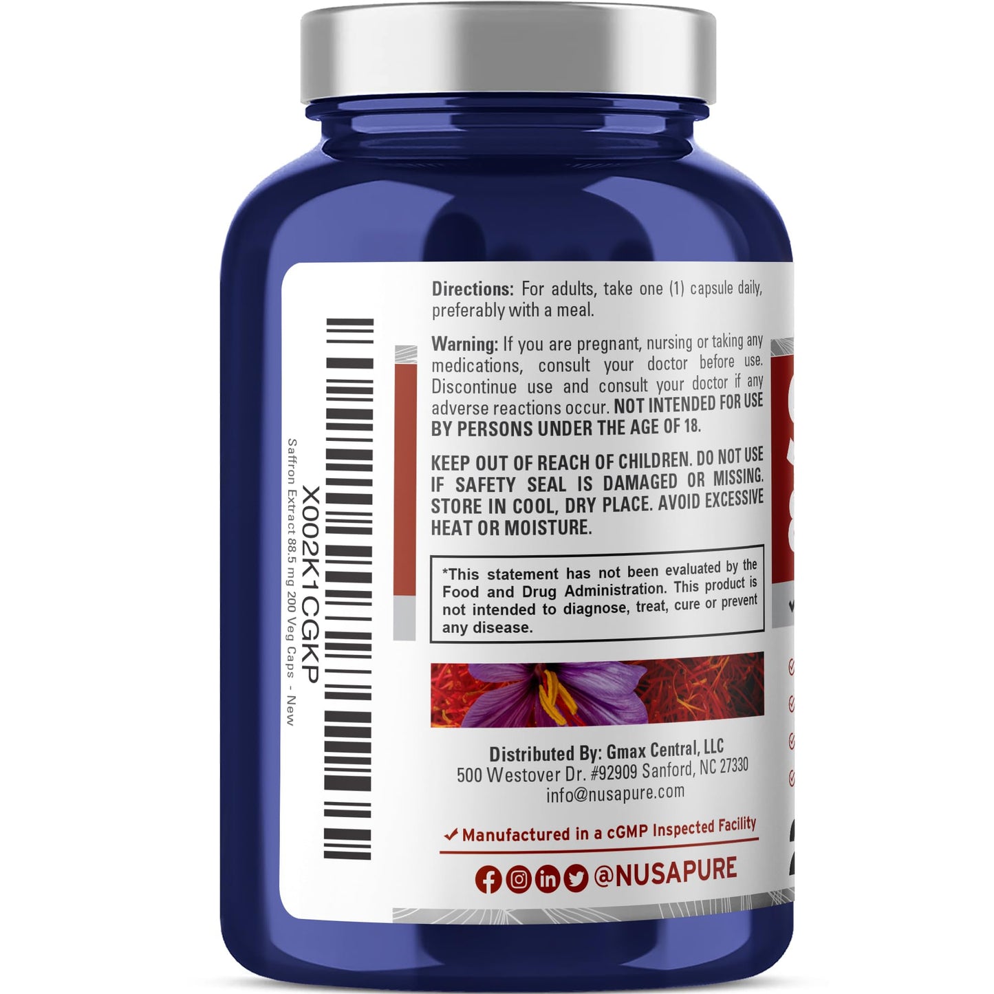 NusaPure Saffron Extract 88.5mg 200 Veggie Caps (Vegetarian, Non-GMO, Vegan)