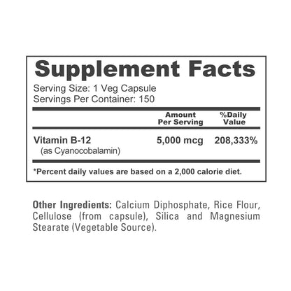NusaPure Vitamin B12-5000 MCG 150 Veggie Capsules (Non-GMO, Vegan) - Max Strength Vitamin B12