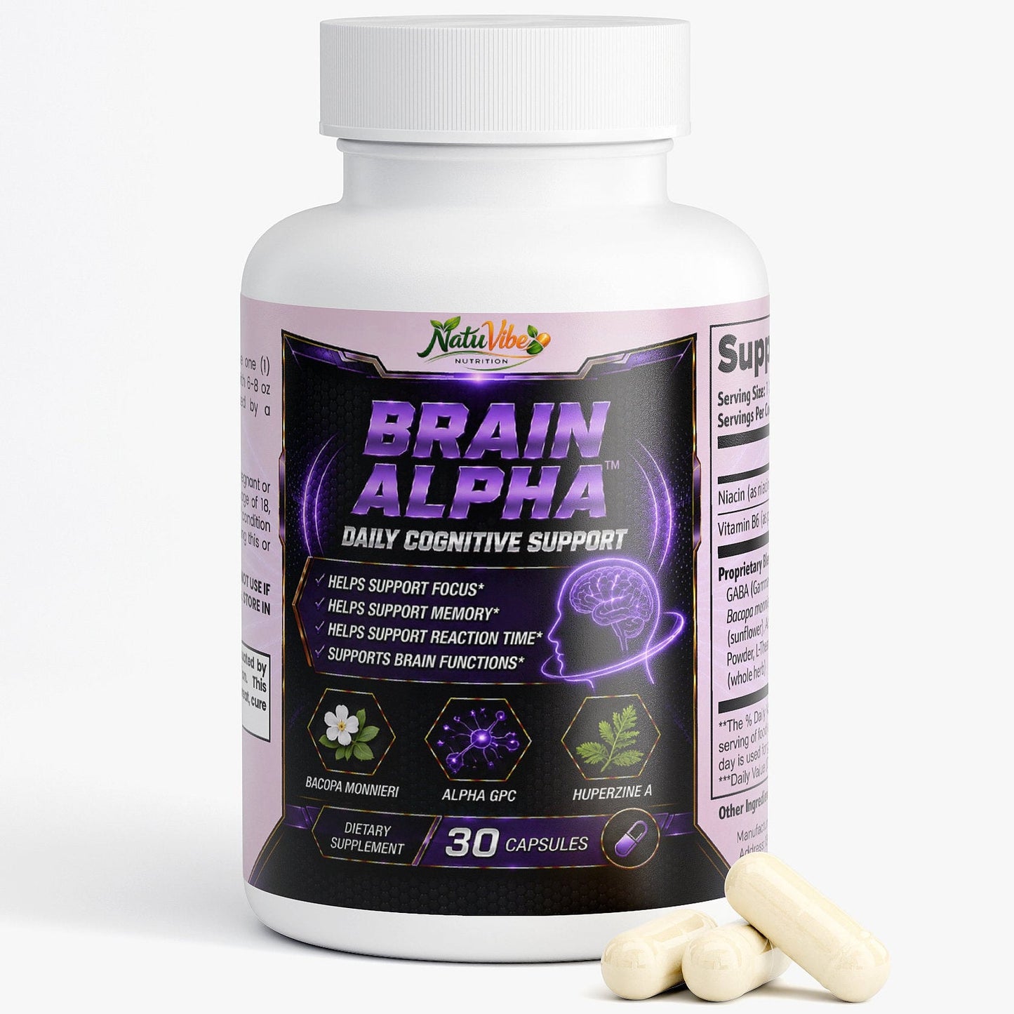 Brain Alpha™ – Daily Cognitive Support | Focus, Memory & Reaction Time | Bacopa, Alpha GPC & Huperzine A | 30 Caps