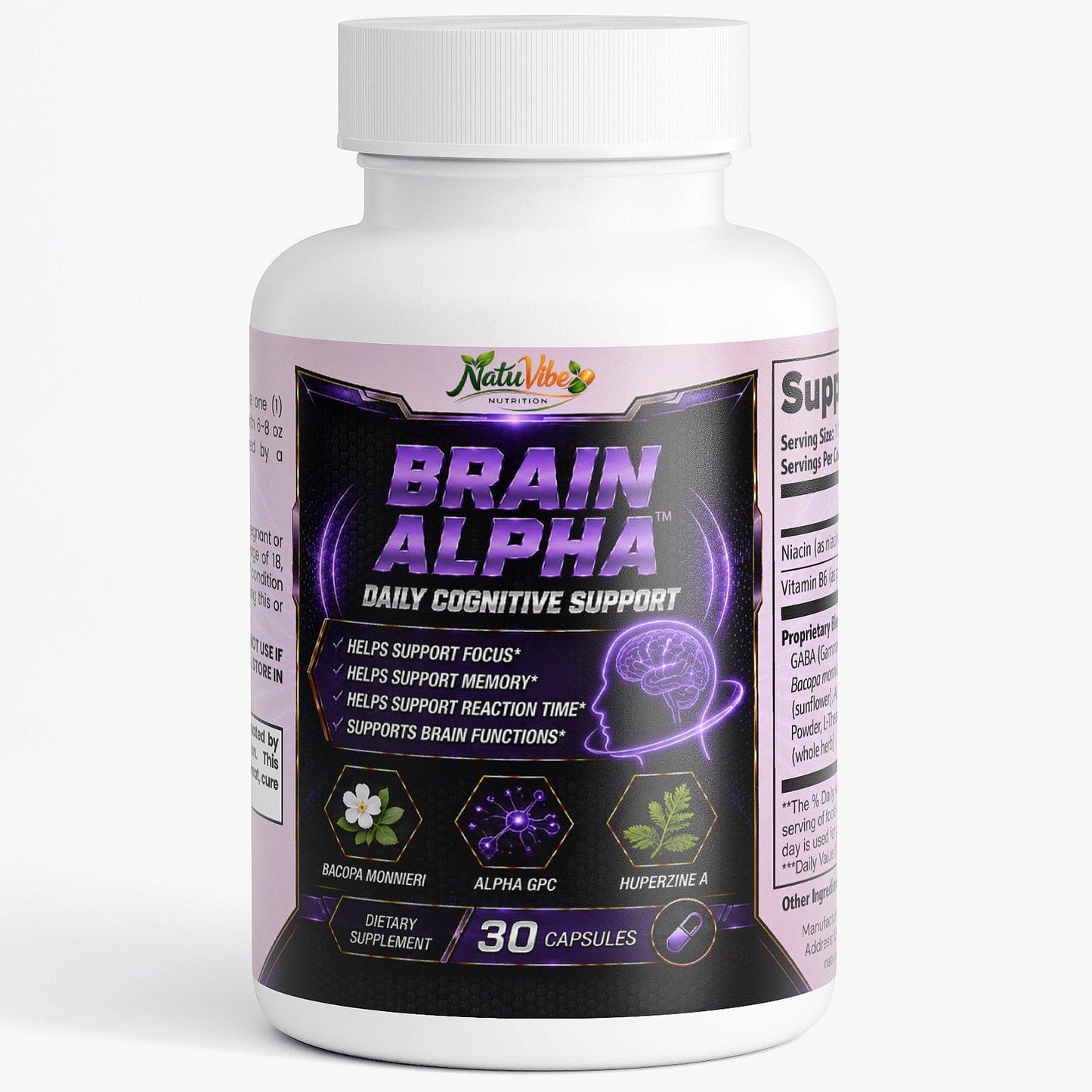 Brain Alpha™ – Daily Cognitive Support | Focus, Memory & Reaction Time | Bacopa, Alpha GPC & Huperzine A | 30 Caps