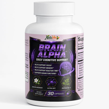 Brain Alpha™ – Daily Cognitive Support | Focus, Memory & Reaction Time | Bacopa, Alpha GPC & Huperzine A | 30 Caps