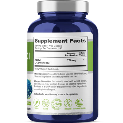 NusaPure Acetyl L-Carnitine 750mg per Caps 150 Veggie Capsules (Non-GMO, Vegan) High Potency Acetyl L Carnitine HCL (ALCAR)