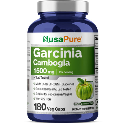 NusaPure Garcinia Cambogia 180 Veggie Capsules 1500mg (Vegetarian, Non-GMO, Vegan)
