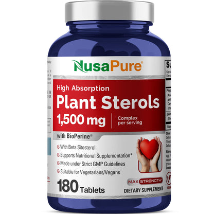 NusaPure Plant Sterols 1500 mg - 180 Tablets (Non-GMO, Vegan) Beta Sitosterol, Bioperine