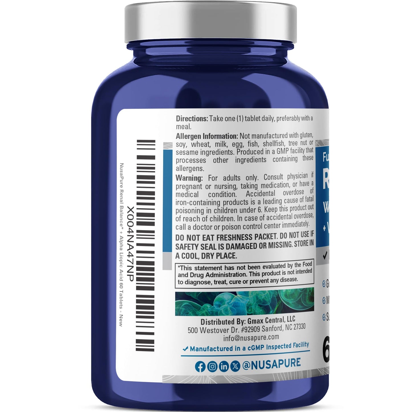 NusaPure Renal Balance with Alpha Liopic Acid Vitamin & Mineral Vegetarians, Non-GMO Per 60 Tablets