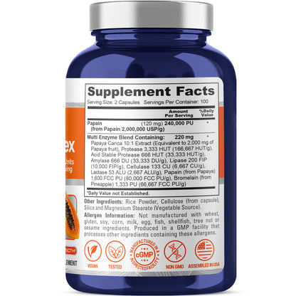 NusaPure Papaya Papain Enzyme Complex 240,000 PU - 200 Veggie Caps - Suitable for Vegetarian, Vegan Non-GMO