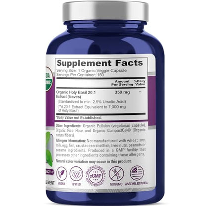 NusaPure USDA Organic Holy Basil Capsules 20:1 Extract, 350 mg 150 Vegan Caps Tulsi Holy Basil Leaf Extract 2.5% Ursolic Acid Non-GMO