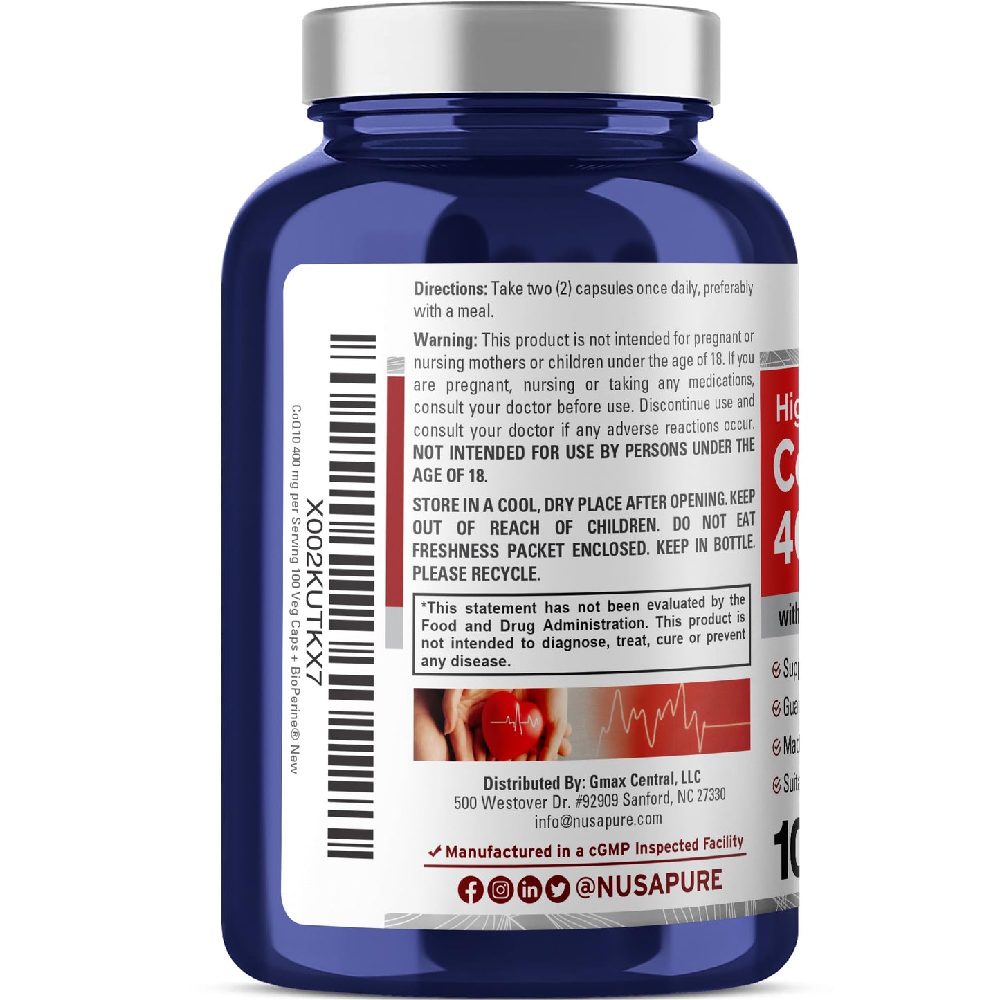 NusaPure CoQ10 400mg 100 Veggie Caps (Vegan, Non-GMO) Coenzyme Q10 Supplement, Antioxidant COQ-10 Enzyme, Coq 10