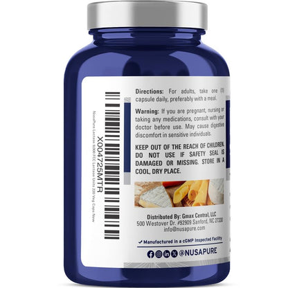NusaPure Lactase Enzyme 9000 FCC, Lactase Unit, Suitable for Vegetarians/Vegan, Non-GMO, 220 Veg Capsules