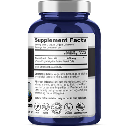 NusaPure Black Seed Oil 1,000 mg per Serving 180 Softgel Capsules (Non-GMO, Vegetarian & Vegan) Cold-Pressed Virgin Nigella Sativa. Hexane Free