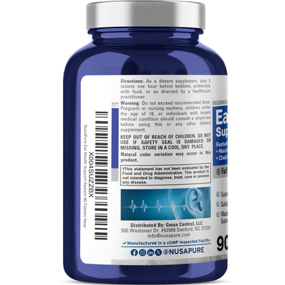 NusaPure Ear Health Support System – Vitamin C, B Vitamins, Niacin, Pantothenic Acid, Calcium, Choline, Bioflavonoids & Inositol – 90 Vegetarian Tablets – GMP Quality & Vegan – Lab Tested