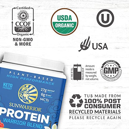Organic Sunwarrior - Warrior Blend, Plant Based, Raw Vegan Protein Powder with Peas & Hemp, Chocolate, 30 Servings, 26.4 Ounce