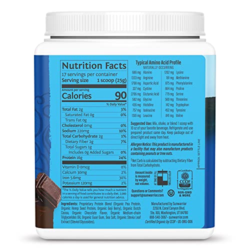 Organic Sunwarrior - Warrior Blend, Plant Based, Raw Vegan Protein Powder with Peas & Hemp, Chocolate, 30 Servings, 26.4 Ounce