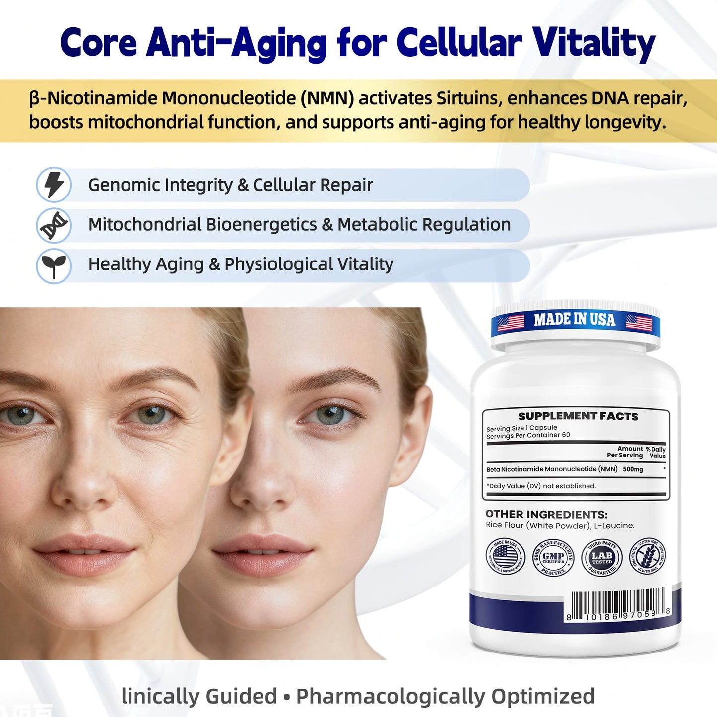 NMN 500mg – 99.9% Pure NMN Supplement, Boost NAD+ Levels, Cellular Energy & Healthy Aging Support, 60 Capsules, Third-Party Tested, NSF cGMP, Made in USA