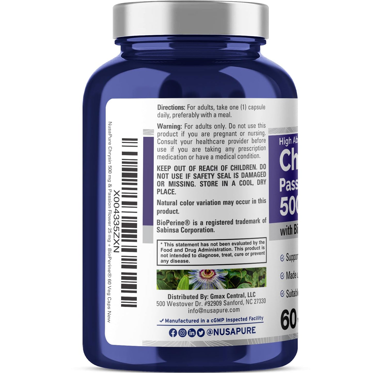 NusaPure Chrysin 500mg, 60 Veggie Capsules | Passion Flower Complex 500mg Supplement | 5, 7-Dihydroxyflavone | Concentrated Extract | Non-GMO, BioPerine