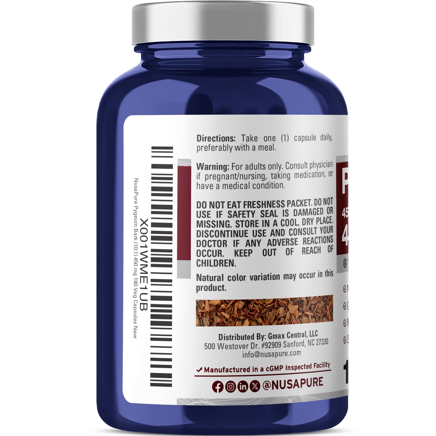 NusaPure Pygeum Bark 10:1 Extract, 450 mg 180 Veggie Caps (Non-GMO, Vegan)