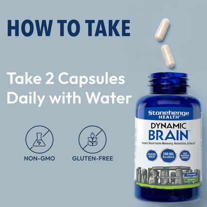 Stonehenge Health Dynamic Brain Supplement – New Formula with BacoMind for Memory Acquisition, Retention, & Recall with 40 Unique Nootropic: Choline, Phosphatidylserine, and Huperzine A