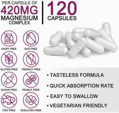 5-in-1 Magnesium Complex + Vitamin B6 Supplement - 420MG - High Absorption Magnesium Supplement for Sleep, Nerves, Muscles, Bones, 120 Capsules