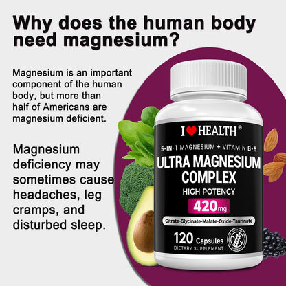 5-in-1 Magnesium Complex + Vitamin B6 Supplement - 420MG - High Absorption Magnesium Supplement for Sleep, Nerves, Muscles, Bones, 120 Capsules