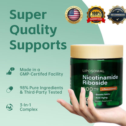 Liposomal Nicotinamide Riboside 900mg Resveratrol & Quercetin – NAD Supplement Plus for Anti Aging, Cellular Energy & Improve Health- 80 Capsules