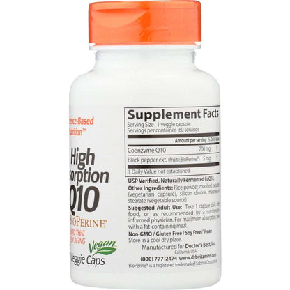 DOCTOR'S BEST: High Absorb CoQ10 200mg, 60vc |Supports Heart & Energy