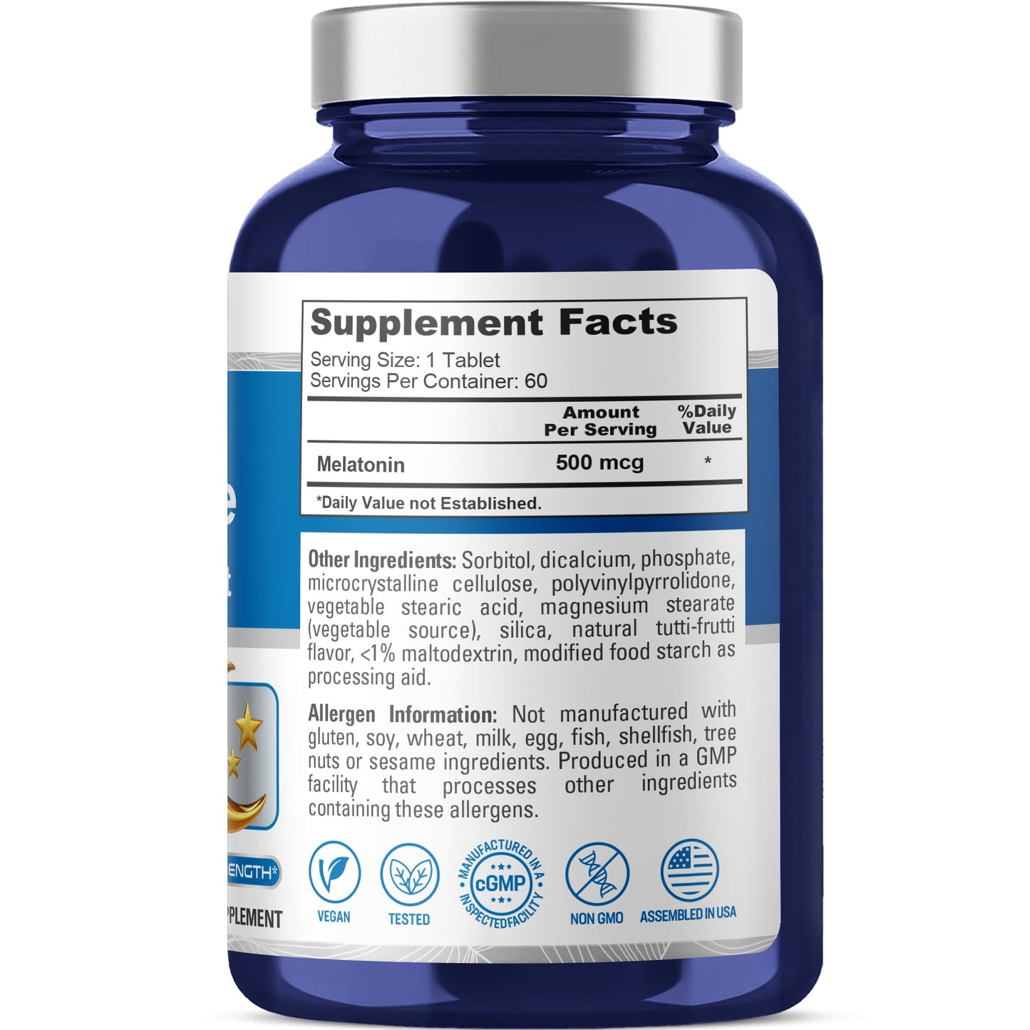NusaPure Melatonin Quick Dissolve 500 mcg Per 60 Tablets Dietary Supplement Vegan, Non-GMO