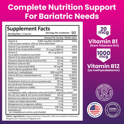 ProCare Health Bariatric Multivitamin 45mg Iron – Once Daily Capsule for Gastric Bypass, Sleeve & Post-Op Support – 90 Easy-to-Swallow Capsules, 3-Month Supply, No Artificial Colors, Gluten-Free