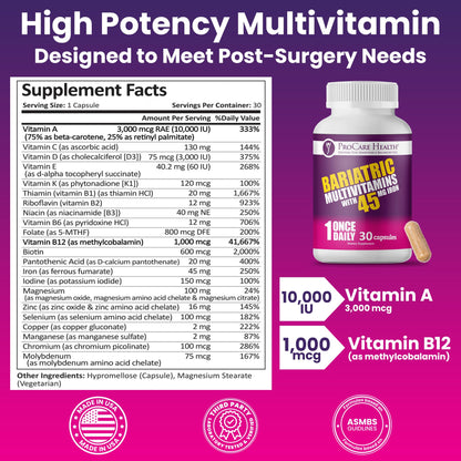 ProCare Health Bariatric Multivitamin 45mg Iron – Once Daily Capsule for Gastric Bypass, Sleeve & Post-Op Support – 90 Easy-to-Swallow Capsules, 3-Month Supply, No Artificial Colors, Gluten-Free