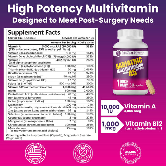 ProCare Health Bariatric Multivitamin 45mg Iron – Once Daily Capsule for Gastric Bypass, Sleeve & Post-Op Support – 90 Easy-to-Swallow Capsules, 3-Month Supply, No Artificial Colors, Gluten-Free