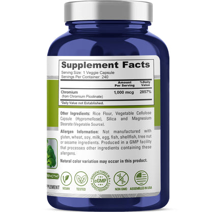 NusaPure Chromium Picolinate 1000mcg 240 Veggie Capsules (Non-GMO, Vegan)
