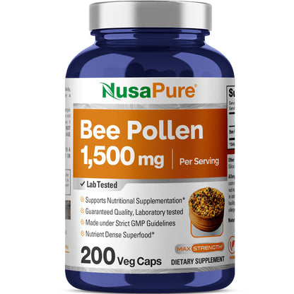 NusaPure Bee Pollen 1500mg 200 Veggie Caps (100% Vegetarian, Non-GMO, Vegan) Naturally Occurring Proteins, Aminoacids