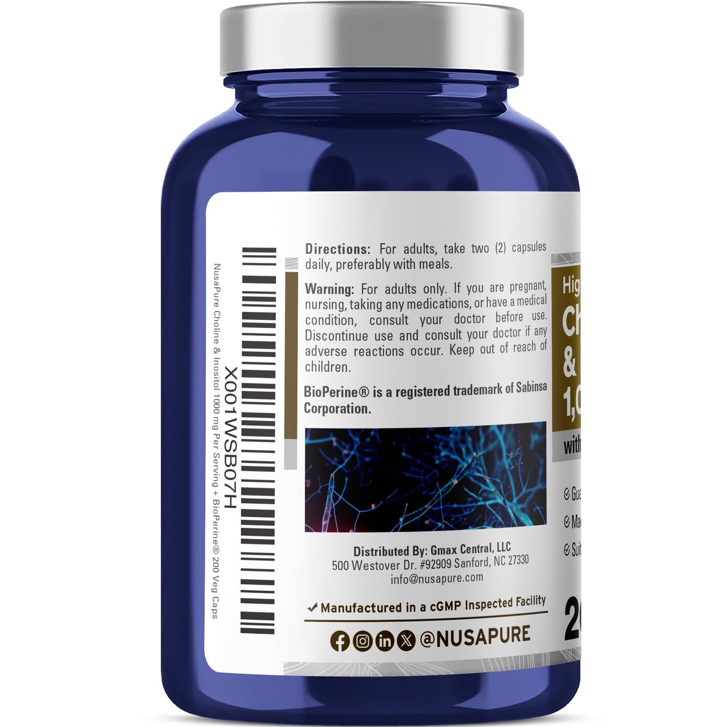 NusaPure Choline & Inositol - Suitable for Vegetarian/Vegan, Non - GMO - 1000mg - 200 Veggie Capsules