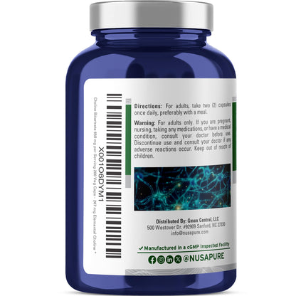 NusaPure Choline Bitartrate - Suitable for Vegetarian/Vegan, Non - GMO - 650 mg 200 Capsules