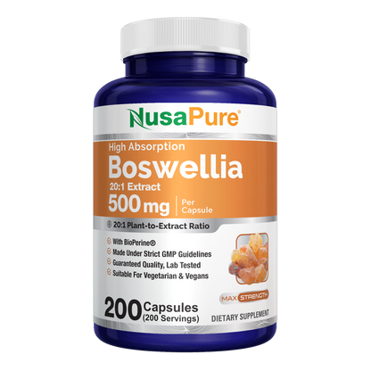 NusaPure Boswellia Serrata 500 mg Per Veggie Caps 200 Count (Ext. 20:1, Non-GMO, Vegan, Bioperine) Ayurvedic Herb: Indian Olibanum, Frankincense