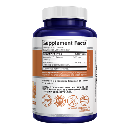 NusaPure Boswellia Serrata 500 mg Per Veggie Caps 200 Count (Ext. 20:1, Non-GMO, Vegan, Bioperine) Ayurvedic Herb: Indian Olibanum, Frankincense