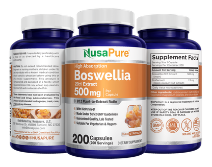 NusaPure Boswellia Serrata 500 mg Per Veggie Caps 200 Count (Ext. 20:1, Non-GMO, Vegan, Bioperine) Ayurvedic Herb: Indian Olibanum, Frankincense