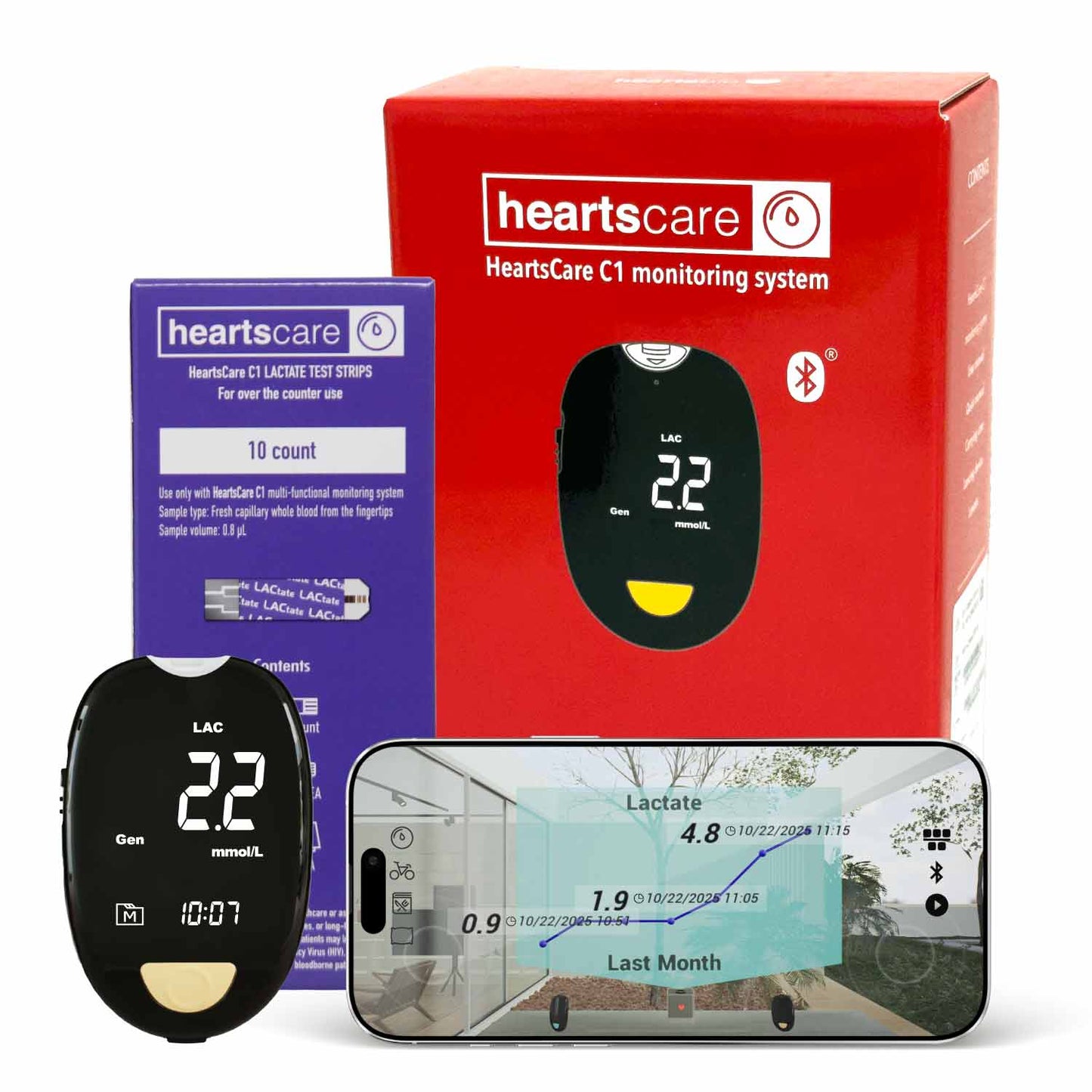 HeartsCare C1 Lactate Meter Testing Kit with 10 strips- 5 sec Testing time
