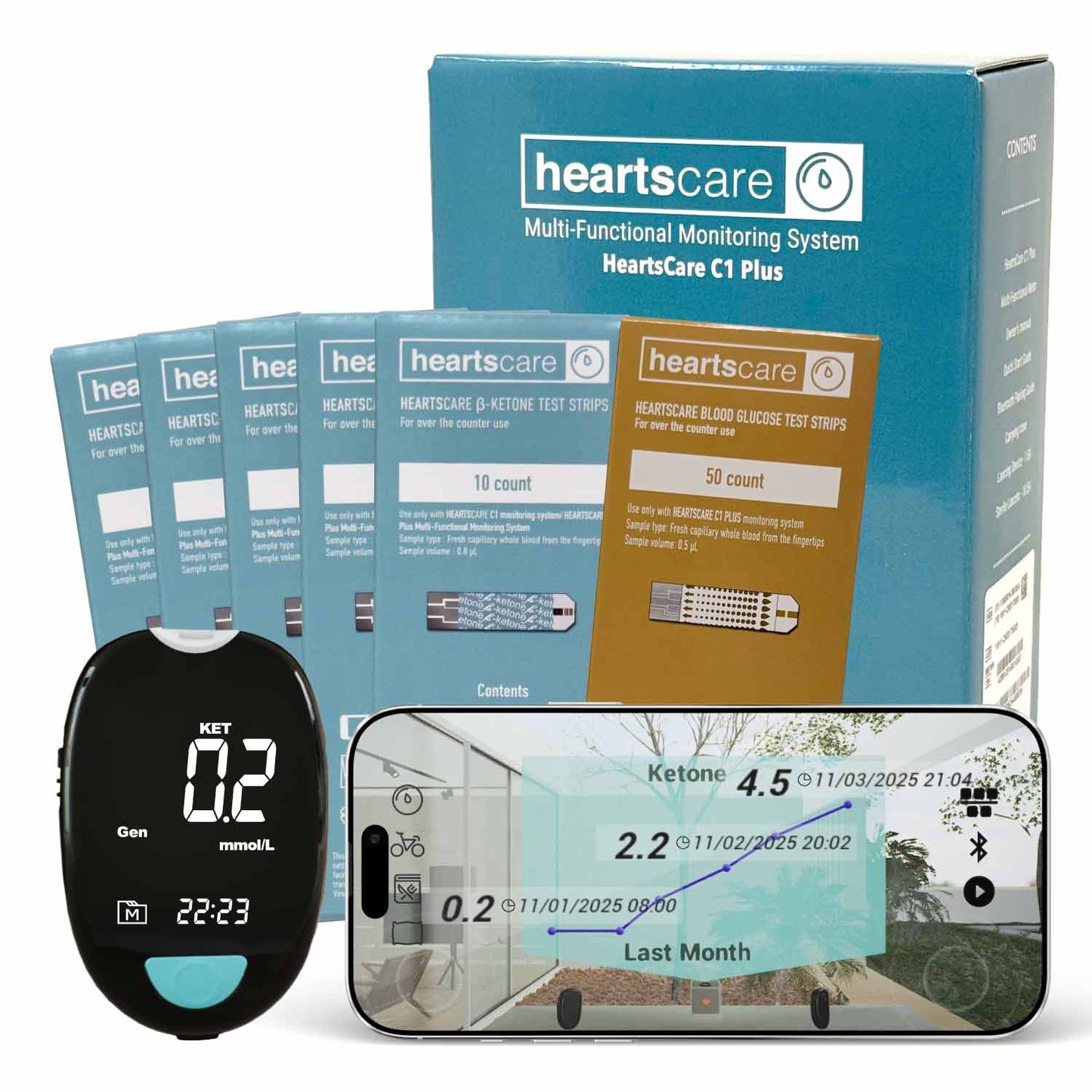 HeartsCare C1 Plus Glucose & Ketone Meter Testing Kit with Ketone (50 count) and Glucose Test Strips (50 count)