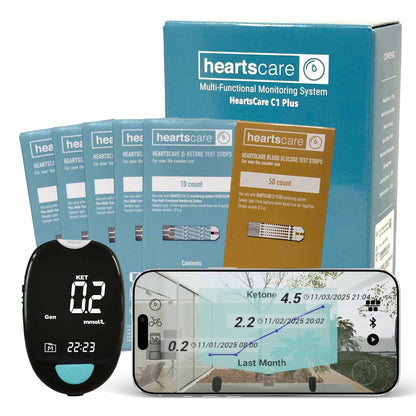 HeartsCare C1 Plus Glucose & Ketone Meter Testing Kit with Ketone (50 count) and Glucose Test Strips (50 count)