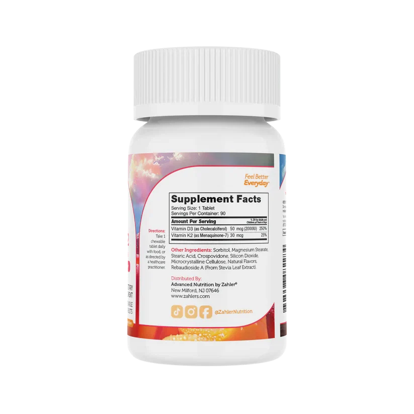 Zahler Junior D3 & K2™ – Children’s D3 & K2 Formula | Supports Bone Density & Calcium Absorption | 90 Chewable Tablets
