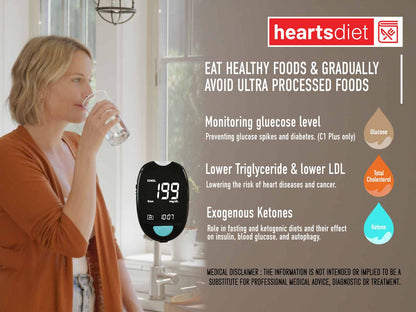 HeartsCare C1 Plus Glucose & Ketone Meter Testing Kit with Ketone (50 count) and Glucose Test Strips (50 count)
