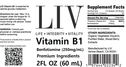 Vitamin B1 Thiamine Liquid Metabolic Booster (Benfotiamine 250mg, 60 servings)