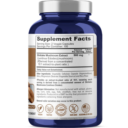 NusaPure Shiitake Mushroom 10:1 Extract, 900 mg 200 Veggie Capsules (Non-GMO, Vegan)