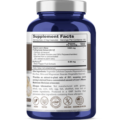 NusaPure Lions Mane 20:1 Extract 1000mg - Made with Organic Lion`s Mane, Bioperine - 30% Polysaccharides - 120 Veggie Caps. Non-GMO, Gluten Free
