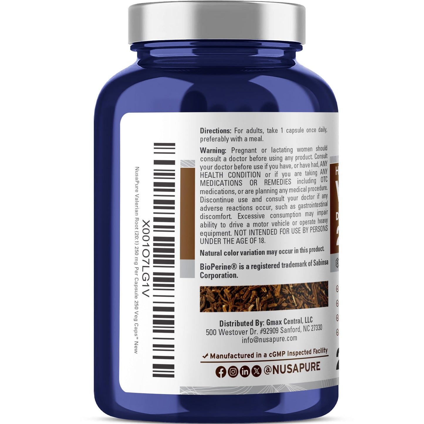 NusaPure Valerian Root 20:1 Extract, 250 mg Per Veggie Caps, 250 Count, Vegan, Non-GMO, Bioperine