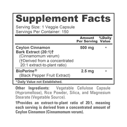 NusaPure Ceylon Cinnamon 20:1 Extract, 500 mg per Capsule | 150 Veggie Capsules | Non-GMO, Vegan with Bioperine