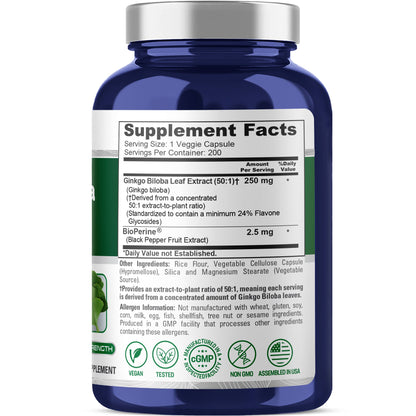 NusaPure Ginkgo Biloba 50:1 Extract, 250 mg per Veggie Caps 200 Capsules (Vegetarian, Non-GMO, Vegan) Bioperine